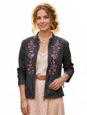 Cottagecore Embroidered Denim Jacket XL Dark Wash Floral Cross Stitch